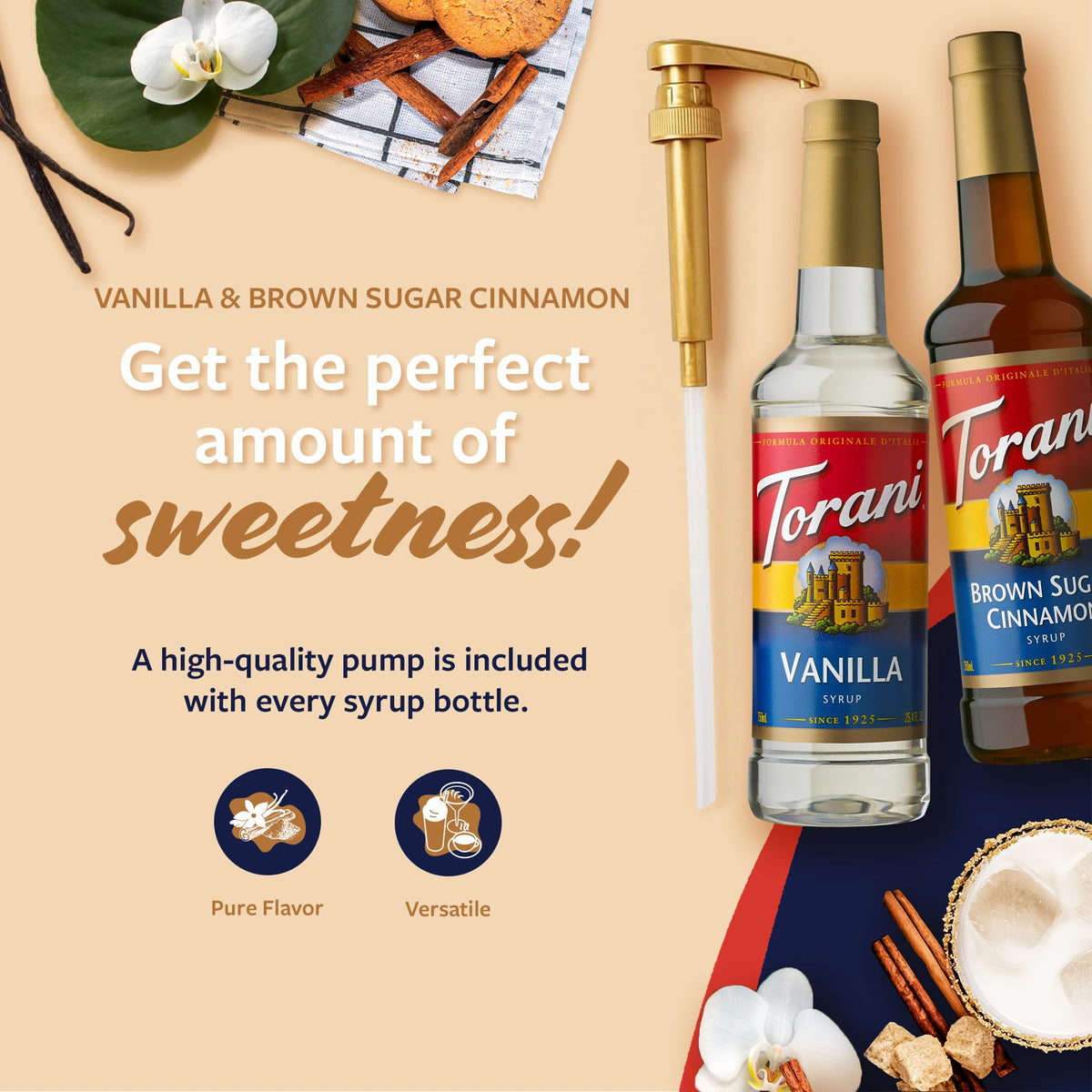 Torani two bottles with pumps provide mess-free, precise sweetness for daily beverages