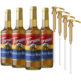 Torani Vanilla Bean Syrup 4-pack front view with pumps for easy flavoring
