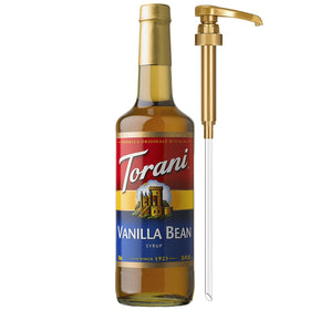 Torani Vanilla Bean Syrup bottle with pump for easy, mess-free flavoring.