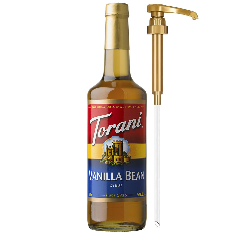 Torani Vanilla Bean Syrup bottle with pump for easy, mess-free flavoring.
