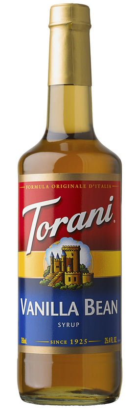 Torani Vanilla Bean Syrup bottle enhances coffee with rich vanilla notes.