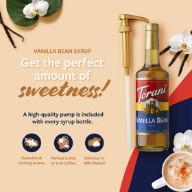 Torani Vanilla Bean Syrup glass bottle closeup highlighting Madagascar vanilla notes