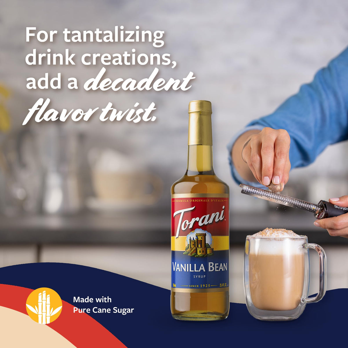 Torani Vanilla Bean Syrup pours into coffee, showcasing versatile usage