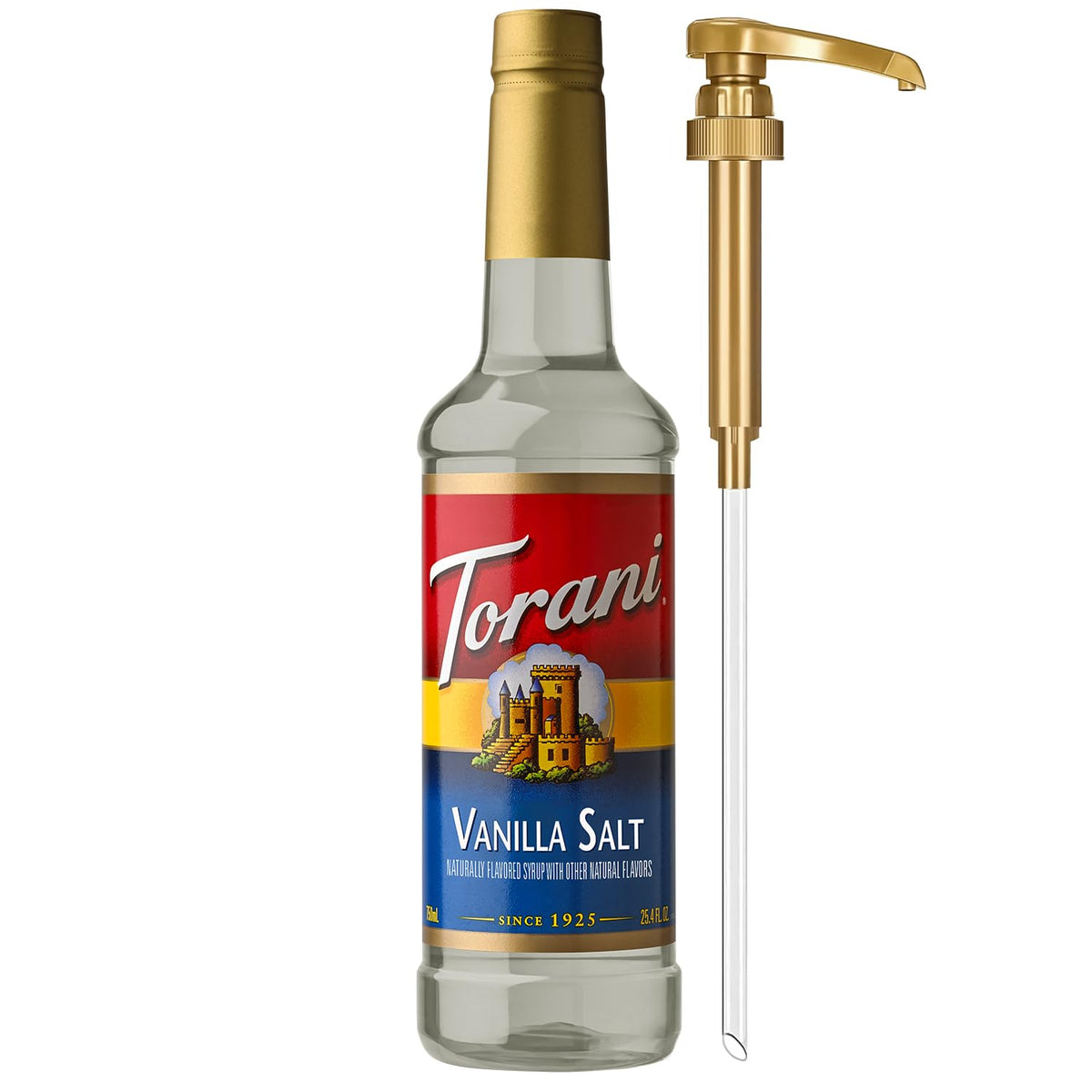 Torani Vanilla Salt Syrup bottle with pump for precise sweetness.