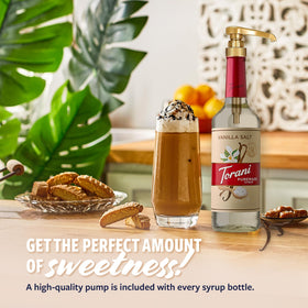 Close-up of Torani Vanilla Salt Syrup glass bottle with premium packaging