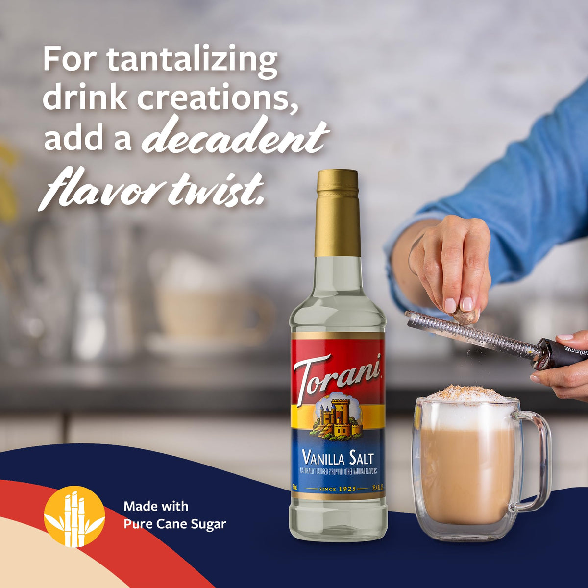 Close-up of Torani Vanilla Salt Syrup label with natural flavors.