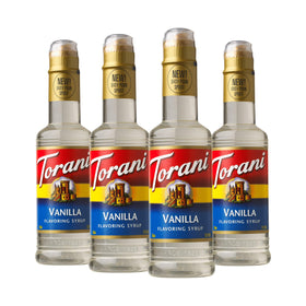 Torani vanilla syrup bottle, 12.7 oz, four-pack, ideal for coffee flavoring.