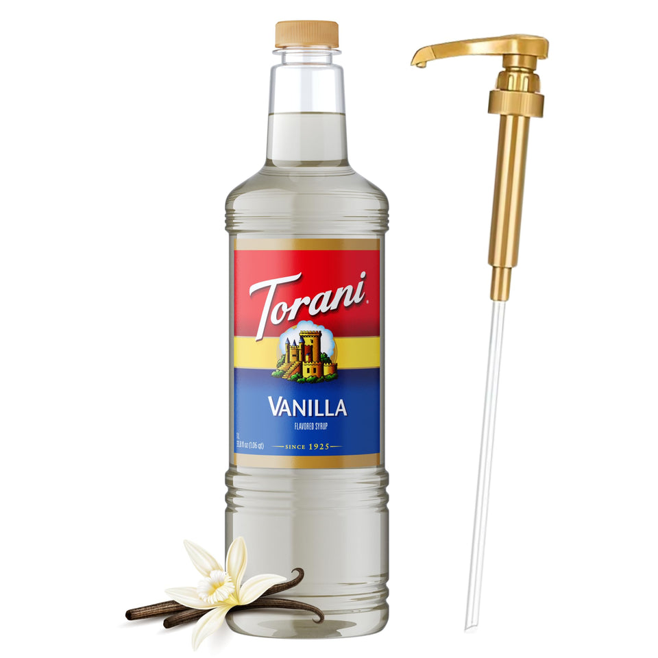 Torani Vanilla Syrup bottle shows authentic vanilla flavor for premium coffees.