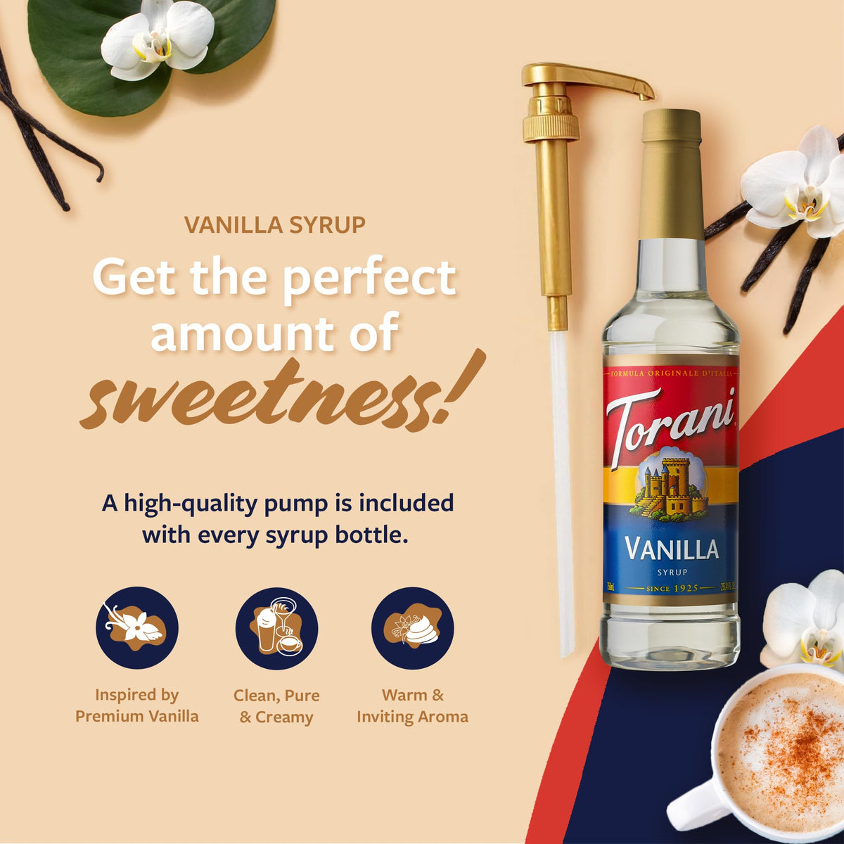 Torani vanilla syrup bottle from the front showing label.