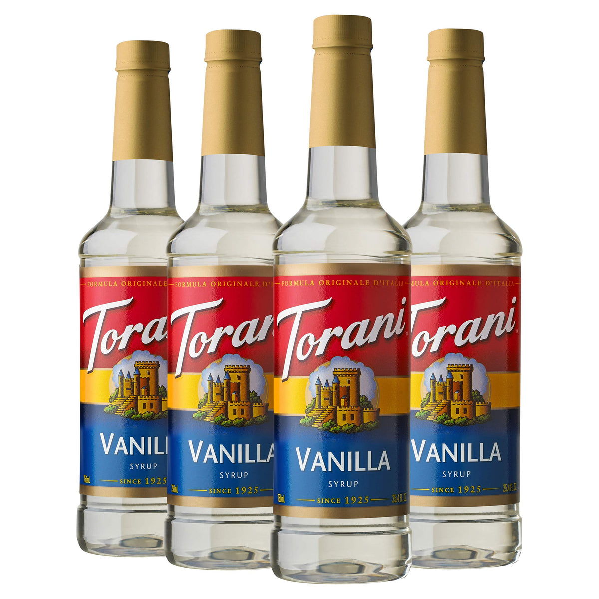 Torani Vanilla Syrup bottle pour adds smooth vanilla flavor to beverages.