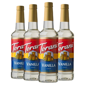 Torani Vanilla Syrup bottle pour adds smooth vanilla flavor to beverages.