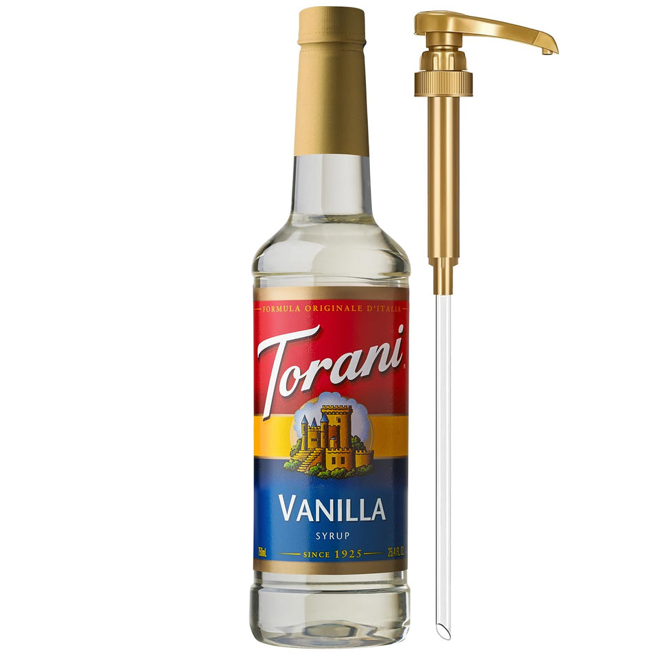 Torani vanilla syrup bottle with pump for easy, mess-free sweetening.