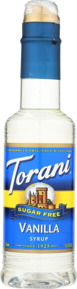 Torani Vanilla Syrup bottle shows sugar-free vanilla flavor for beverages.