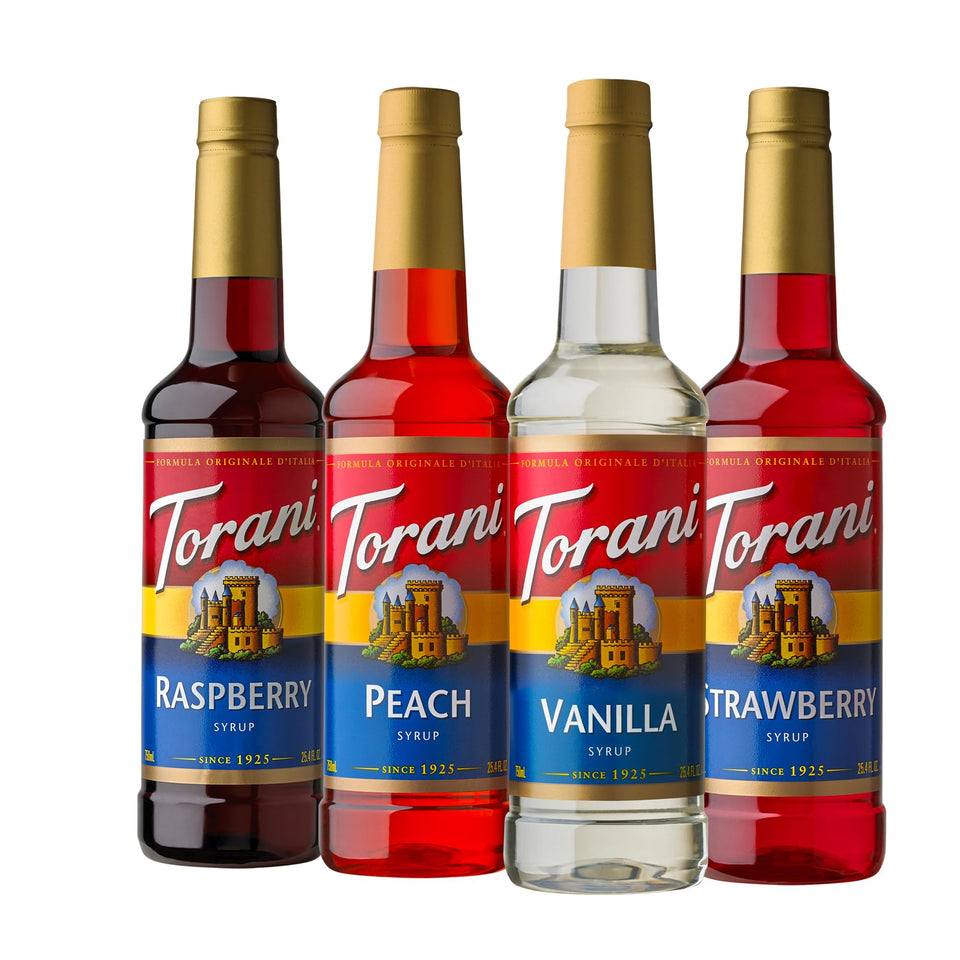Torani vanilla syrup bottle for crafting creamy vanilla sodas and lattes.