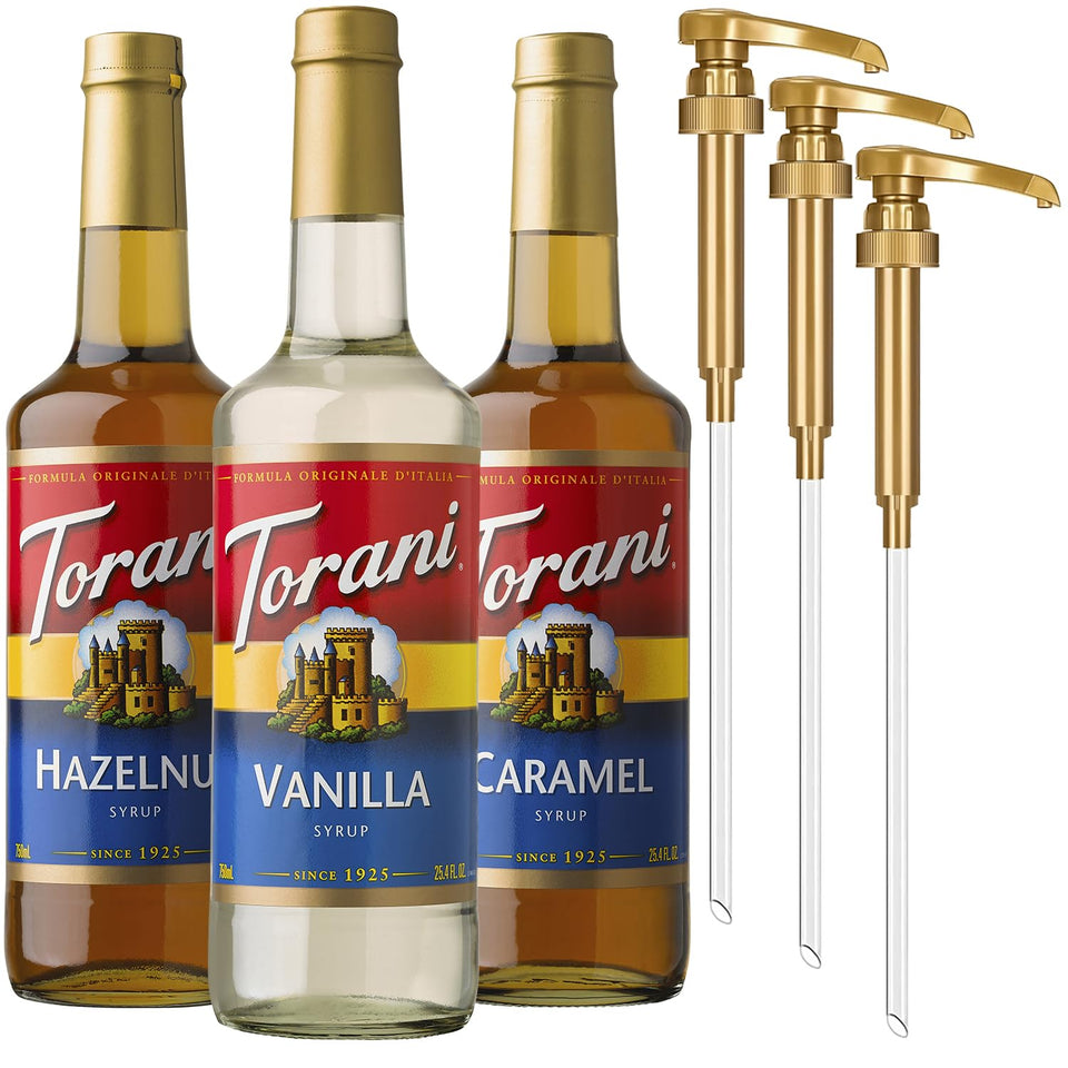 Torani Vanilla Syrup bottle enhances vanilla notes in daily coffee.