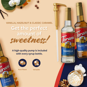 Torani Vanilla Syrup bottle with pump to balance drinks with vanilla notes.