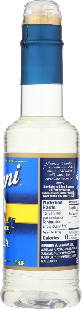 Torani Vanilla Syrup in a cafe setting flavors coffee with sugar-free vanilla.