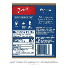 Torani Vanilla Syrup iced coffee glass delivers vibrant vanilla flavor for refreshing drinks.