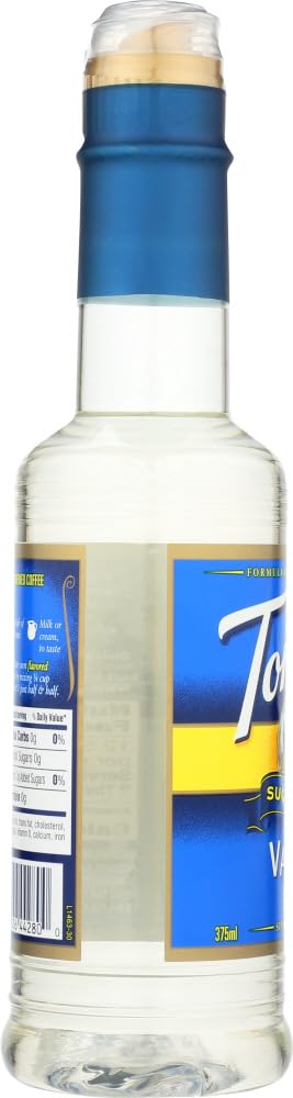 Torani Vanilla Syrup pouring highlights sugar-free sweetness in drinks.