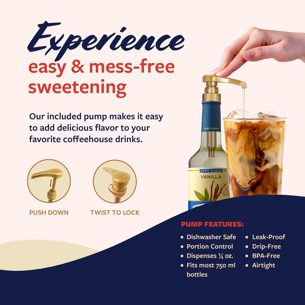 Torani Vanilla syrup pump in action delivering mess-free sweetness.