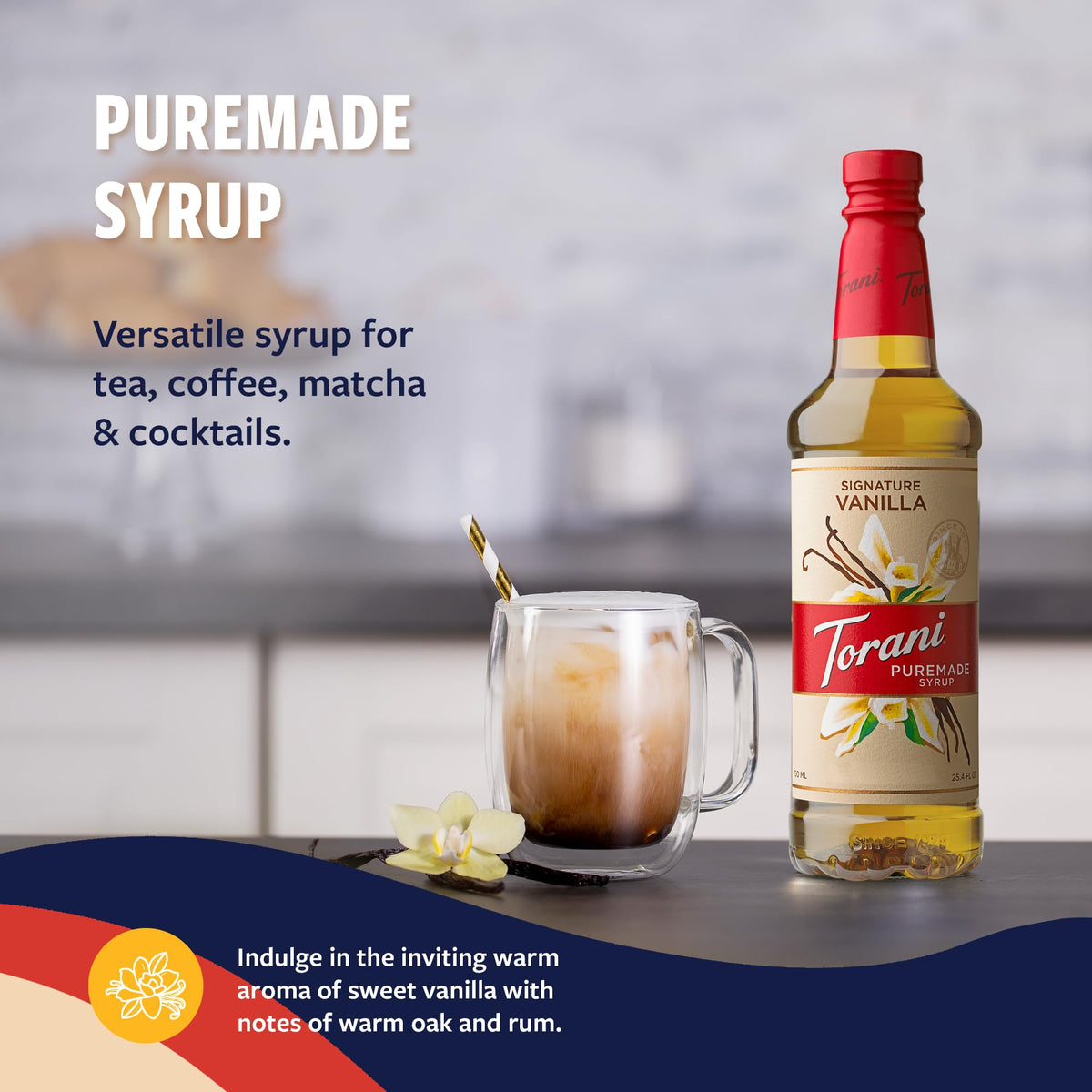 Pump dispense action from Torani vanilla syrup enables precise sweetness in drinks