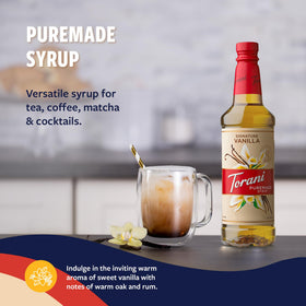 Pump dispense action from Torani vanilla syrup enables precise sweetness in drinks