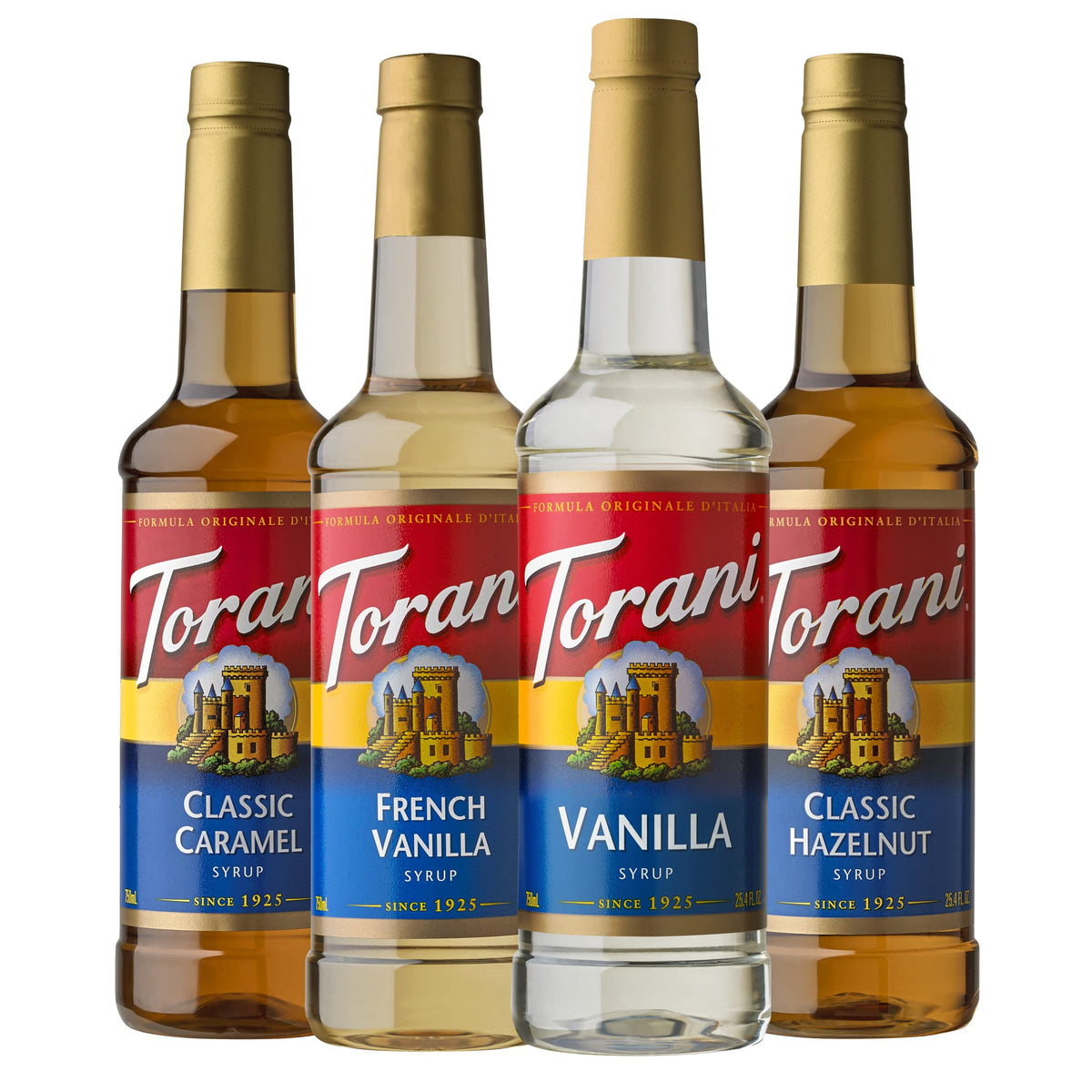 Torani caramel bottle pour for rich latte flavor at home.