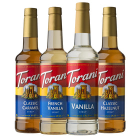 Torani caramel bottle pour for rich latte flavor at home.