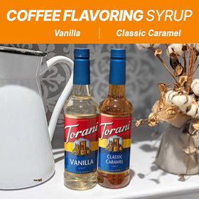 Torani variety pack on kitchen shelf offering flavor versatility