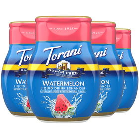 Torani Watermelon Sugar Free Drink Enhancer bottle pouring refreshingly bold flavor