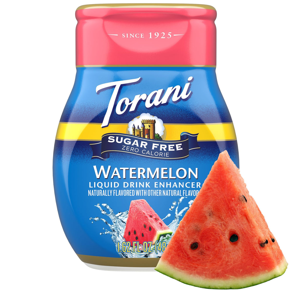 Torani Watermelon sugar-free drops dispensing into glass for hydration