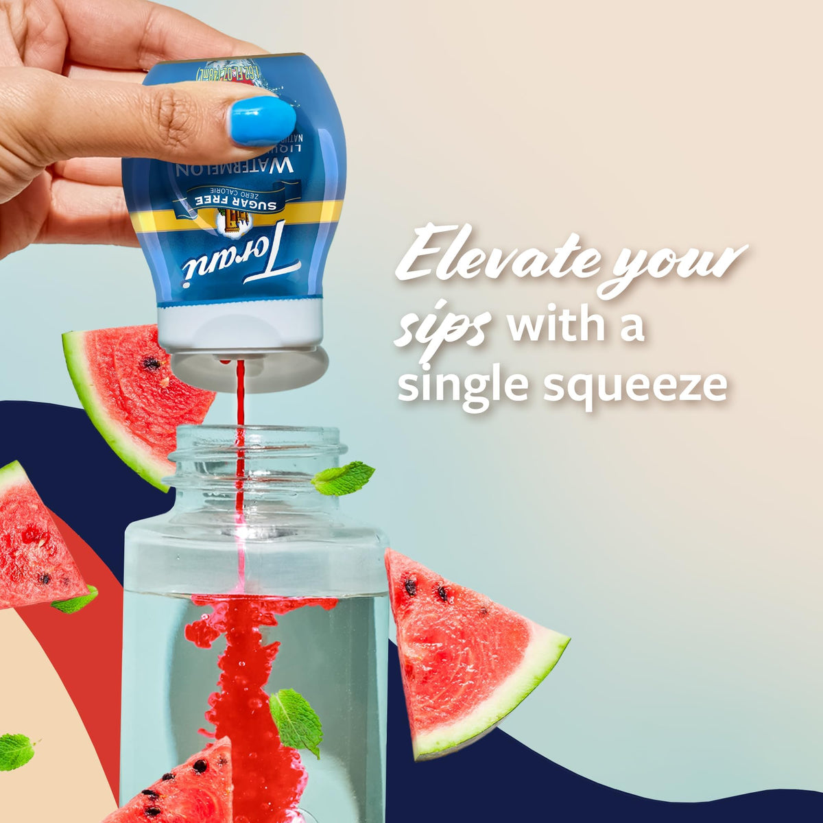 Torani Watermelon Sugar Free enhancer over a glass of water