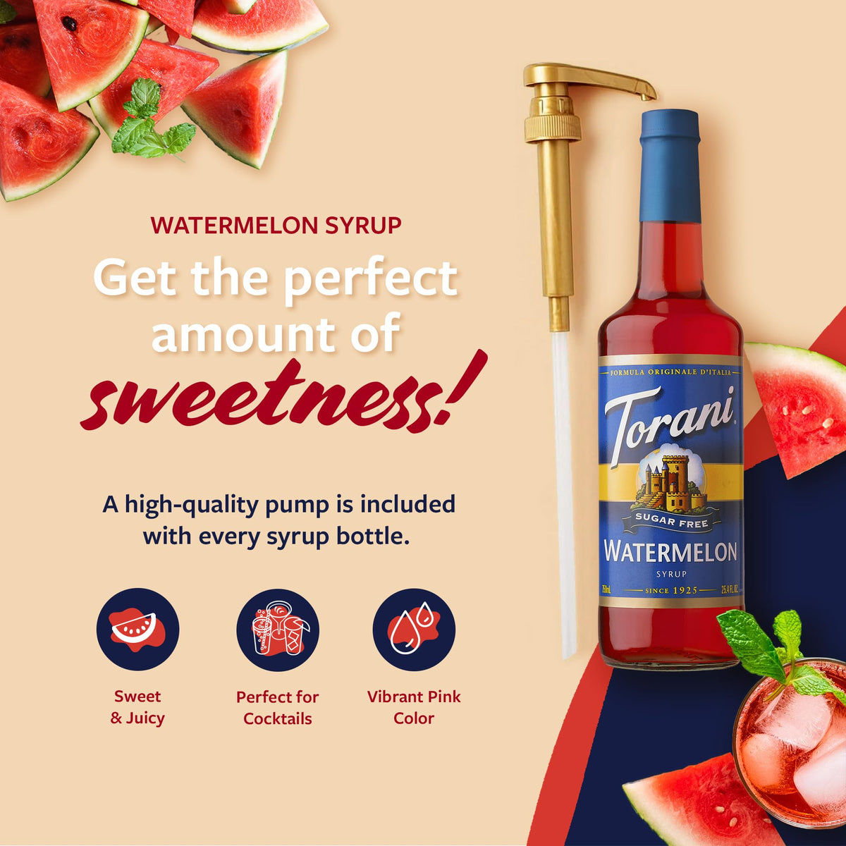 Torani Watermelon Syrup used in cocktails for bold flavor.