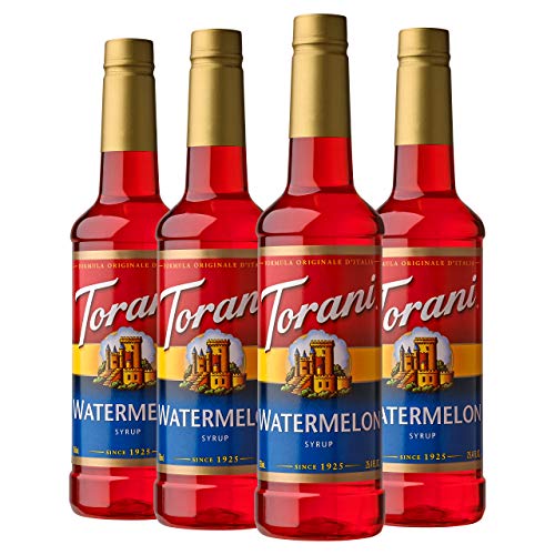 Torani Watermelon Syrup bottle in a four-pack adds summer flavor to sodas.