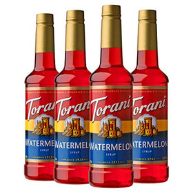 Torani Watermelon Syrup bottle in a four-pack adds summer flavor to sodas.