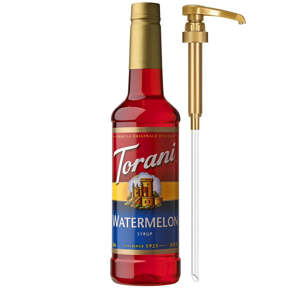 Torani Watermelon Syrup pump closeup shows precise dispensing for at-home drinks