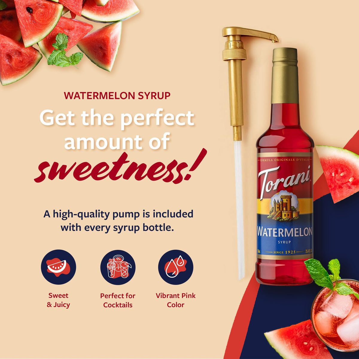 Torani Watermelon Syrup pump detail emphasizes controlled pours for consistent sweetness