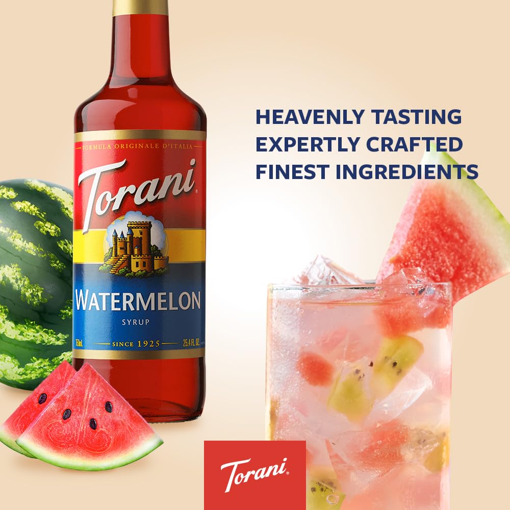 Torani Watermelon Syrup in a glass boosts color for lemonades and sodas.