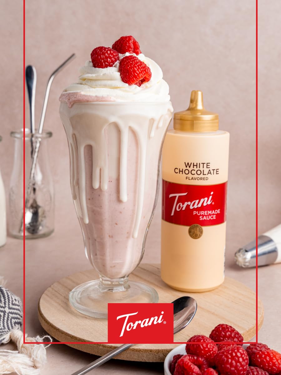 Torani White Chocolate Sauce poured into a coffee cup
