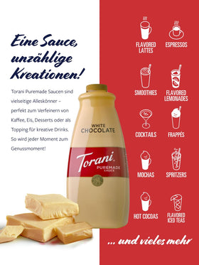 Torani White Chocolate Sauce drizzle on a dessert for richness