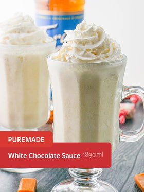 Torani White Chocolate Sauce label close-up showing premium ingredients