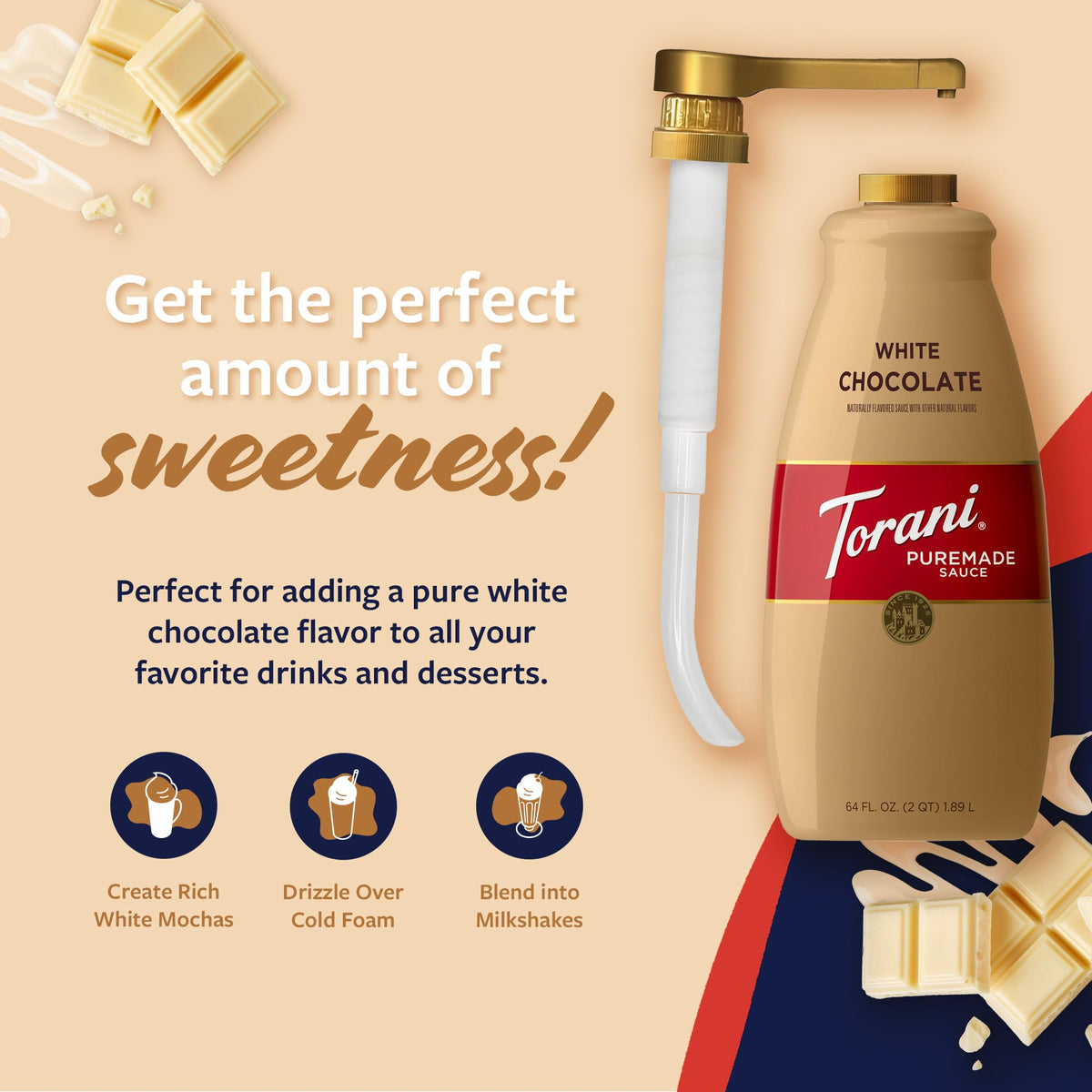 Torani White Chocolate Sauce drizzle over dessert for glossy topping