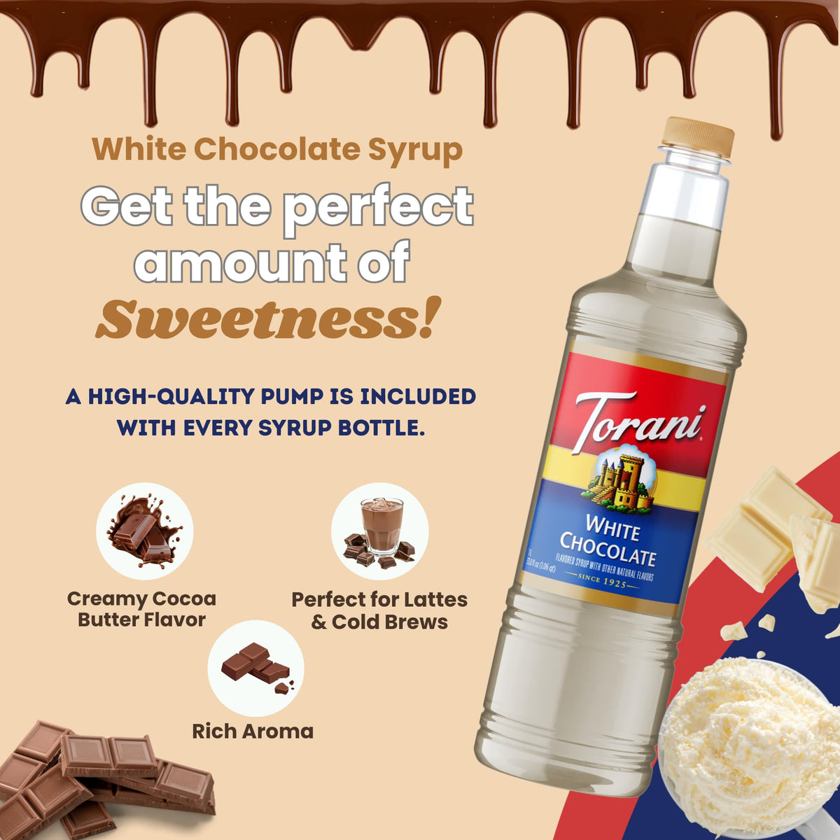 Torani White Chocolate Syrup in baking for smooth sweetness.