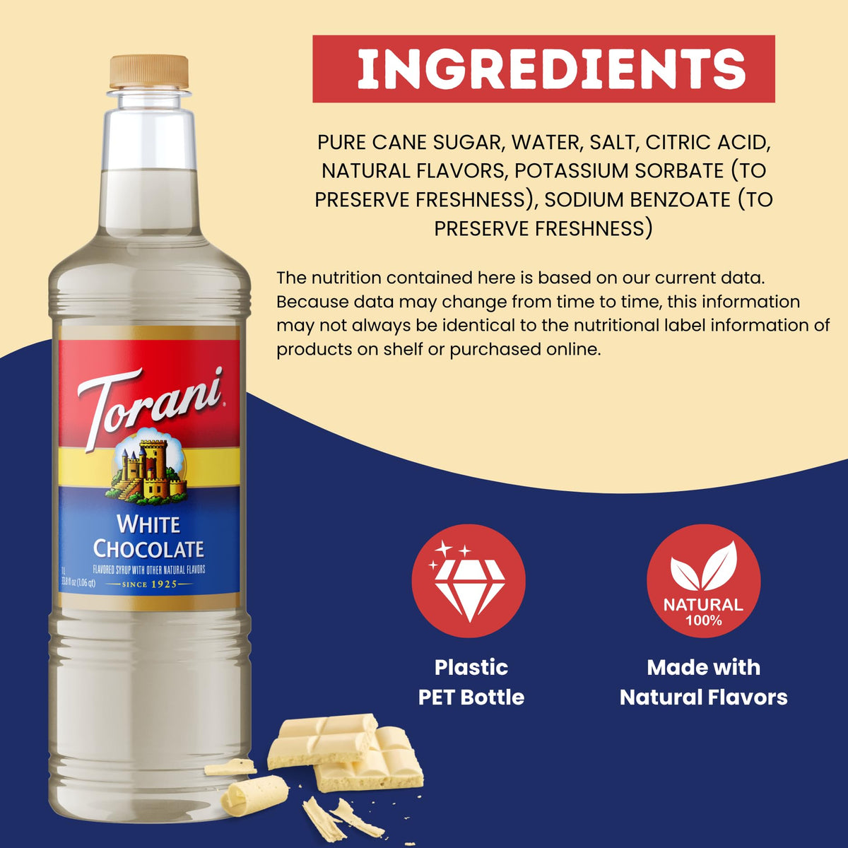 Torani White Chocolate Syrup bottle on counter for quick flavor boosts.