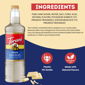 Torani White Chocolate Syrup bottle on counter for quick flavor boosts.