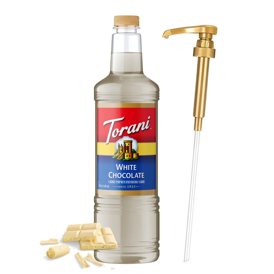 Torani White Chocolate Syrup bottle with pump for mess-free dispensing.