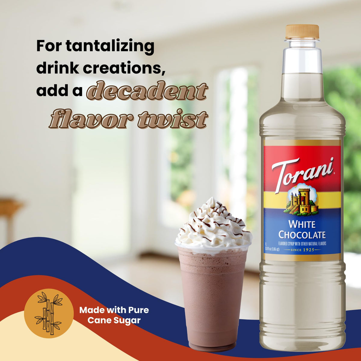 Torani White Chocolate Syrup drizzled over desserts for gourmet touch.