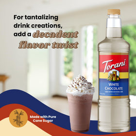 Torani White Chocolate Syrup drizzled over desserts for gourmet touch.