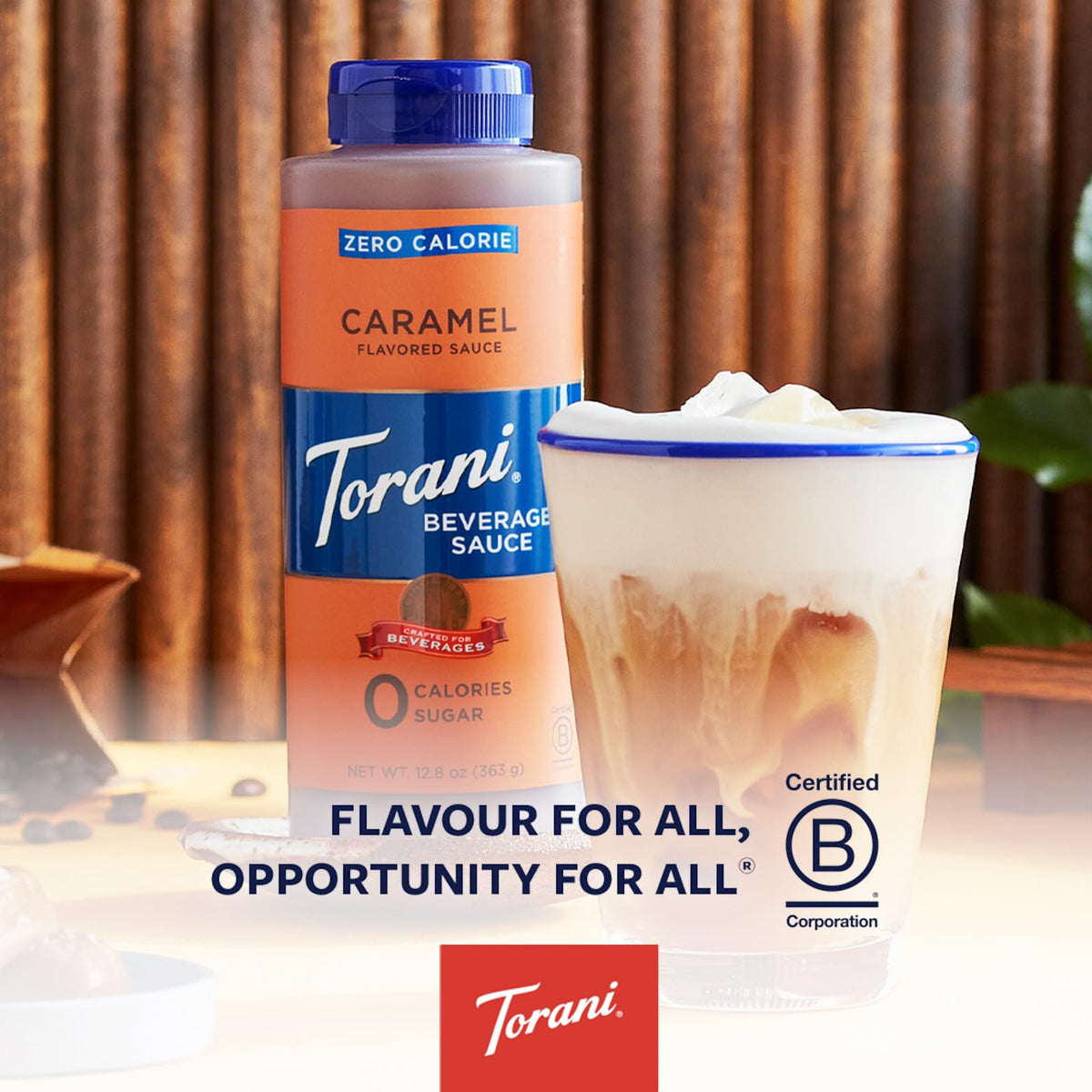 Torani Zero Calorie Caramel Dessert Sauce enhances baked goods with a glossy finish and calorie-free sweetness.