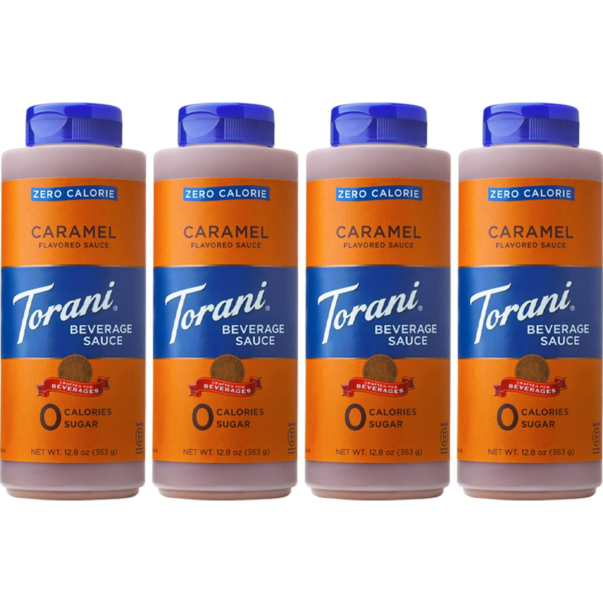 Torani Zero Calorie Caramel Dessert Sauce bottle pour for silky dessert topping with no calories.